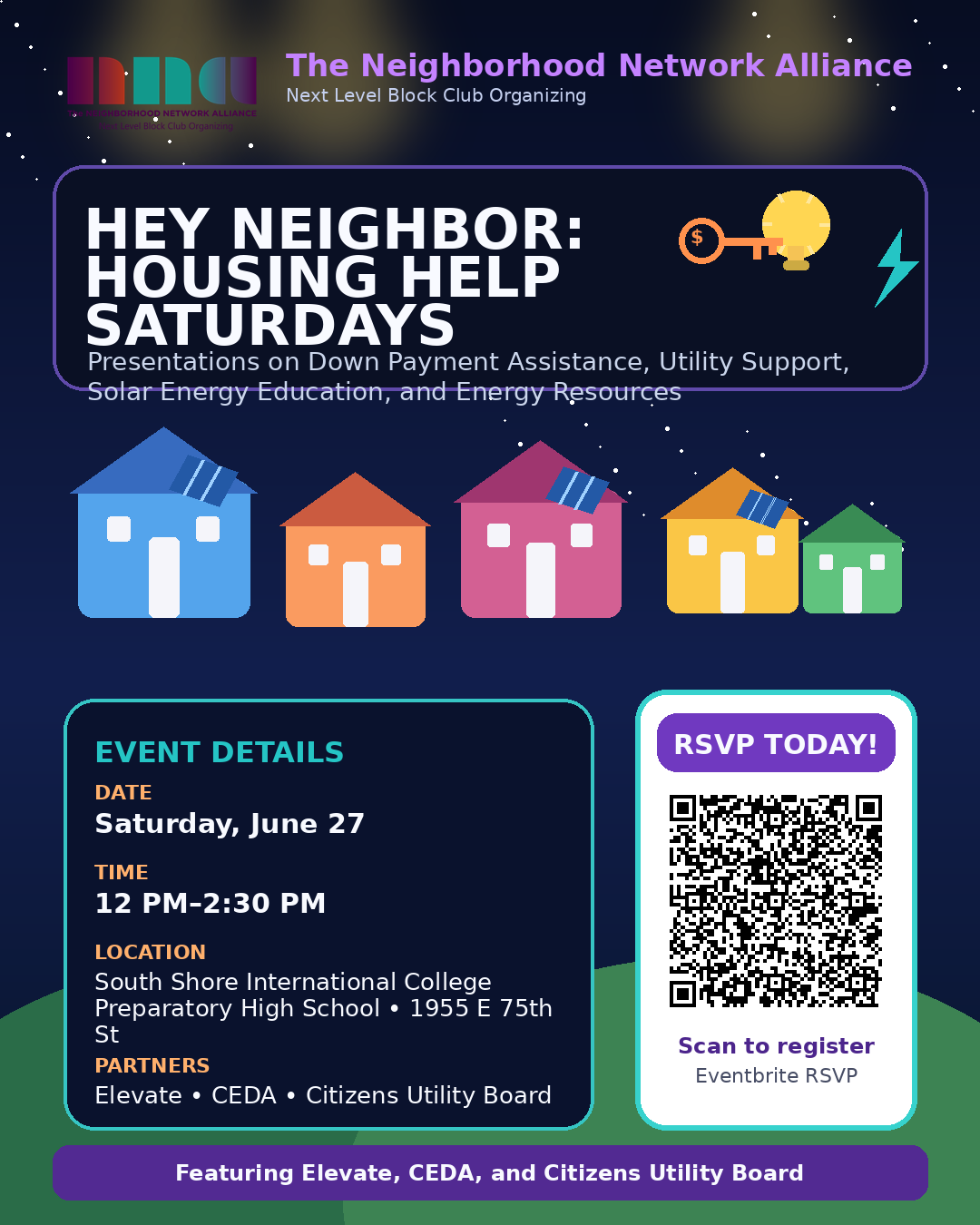 Housing Help Saturdays flyer: June 27, noon to 2:30 p.m., South Shore International College Preparatory High School; down payment assistance, utility support, solar education, and energy resources with Elevate, CEDA, and Citizens Utility Board