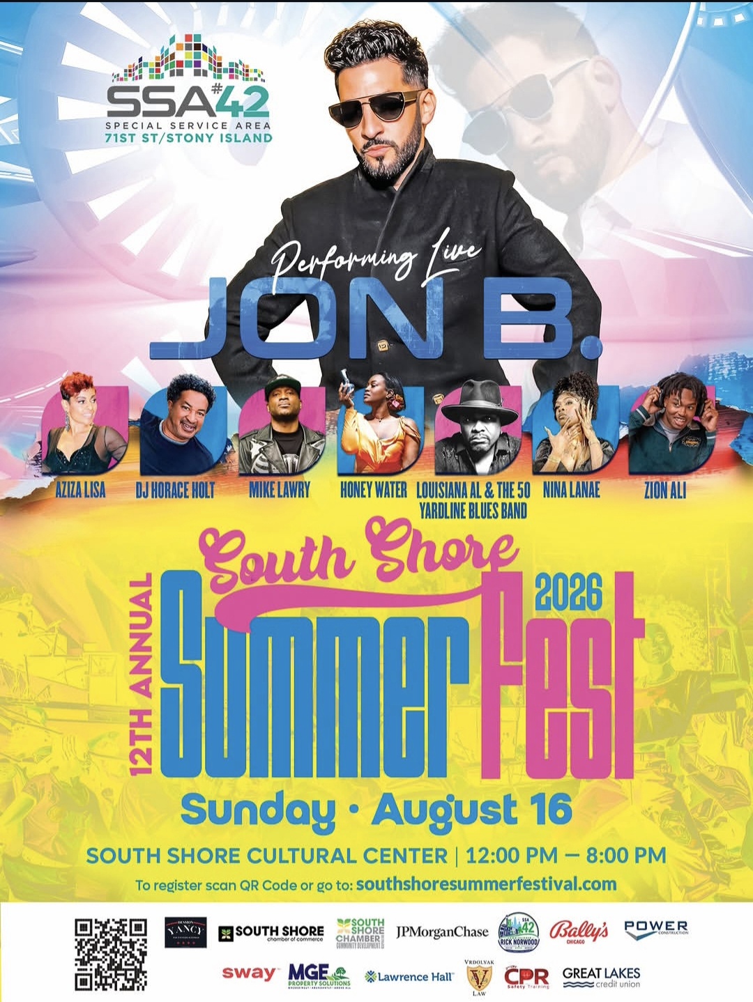 South Shore Summer Fest 2026 flyer with Jon B and other performers; August 16, noon to 8 p.m., South Shore Cultural Center