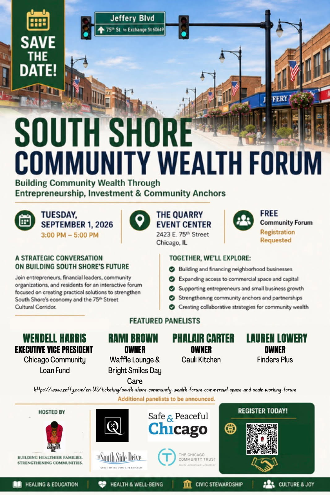 South Shore Community Wealth Forum flyer for September 1, 2026, 3 to 5 p.m., The Quarry Event Center, 2423 East 75th Street