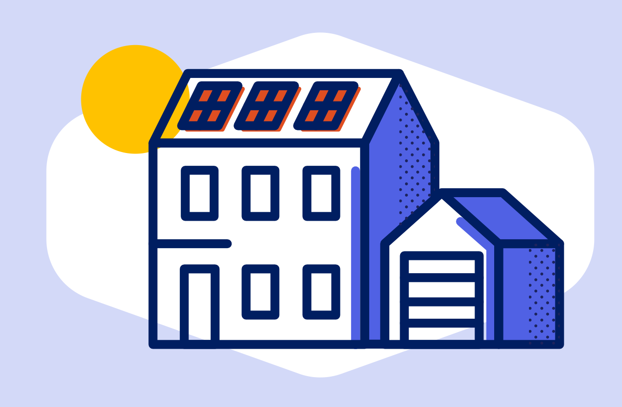 Illustration of a home with rooftop solar panels and a bright sun